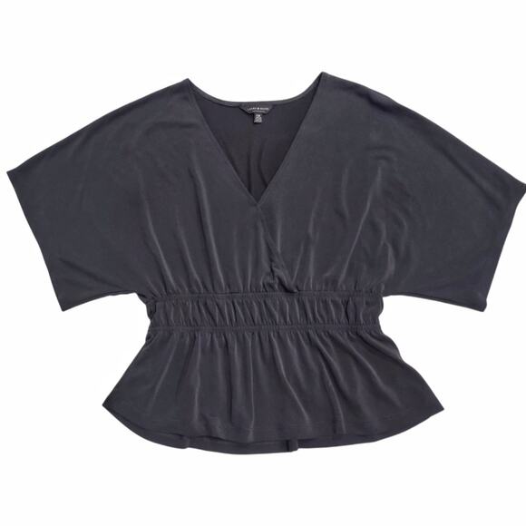LUCKY BRAND Black Sueded Style Blouse Size M Peplum Waist Loose Flowing Top - Picture 2 of 11